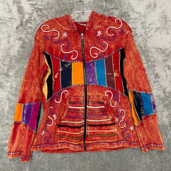 Women Colorful Colorblock Embroidered Patchwork Full Zip Lightweight Jacket L - Picture 1 of 12